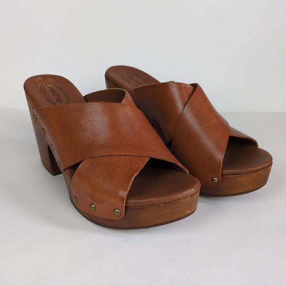 KORK-EASE Brown Leather Cross Strap Heeled Clog Mule Sandal Block Heel Womens 10 - Picture 2 of 8